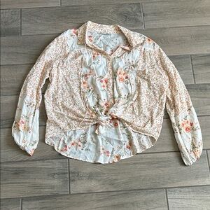 Dex Peach and Cream Floral Tie-Front Button-Down Shirt